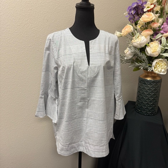 Westbound Tops - Westbound 100% Cotton Striped Split Neck Tunic Top Gray White Large
